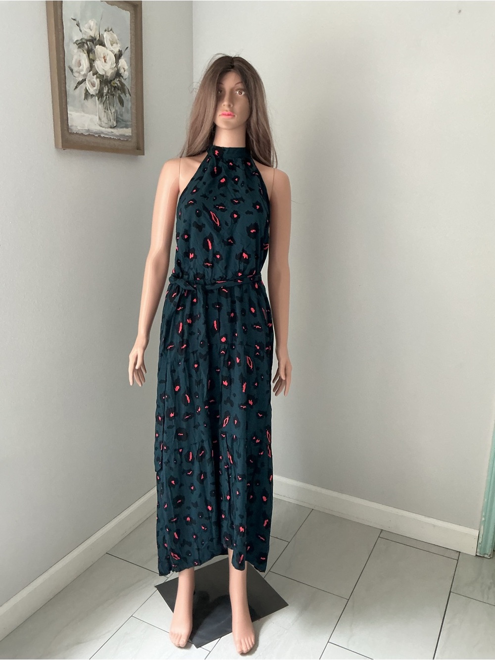 Halter Maxi Dress in Teal with Pink Print